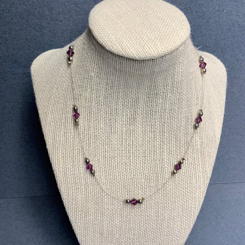 Faceted Beads Station Necklace 17 In Purple Silver Wire Toggle Closure Delicate